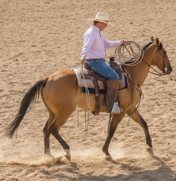 A high-angle, professional photograph of a cowboy in a light pink shirt, blue jeans, and a white hat riding a dun horse across a sunlit dirt arena. The horse is captured mid-stride, kicking up soft dust, while the rider holds a coiled lasso. The image features warm, natural lighting and a clean, sandy background.
