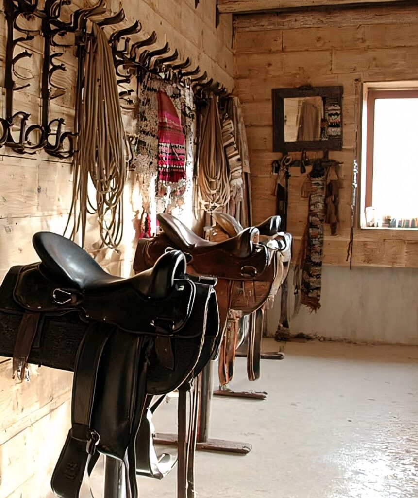 The interior of a rustic wooden tack room featuring several saddles on stands, including a black English saddle in the foreground. Braided ropes, bridles, and decorative saddle blankets hang neatly on the timber walls near a sunlit window.